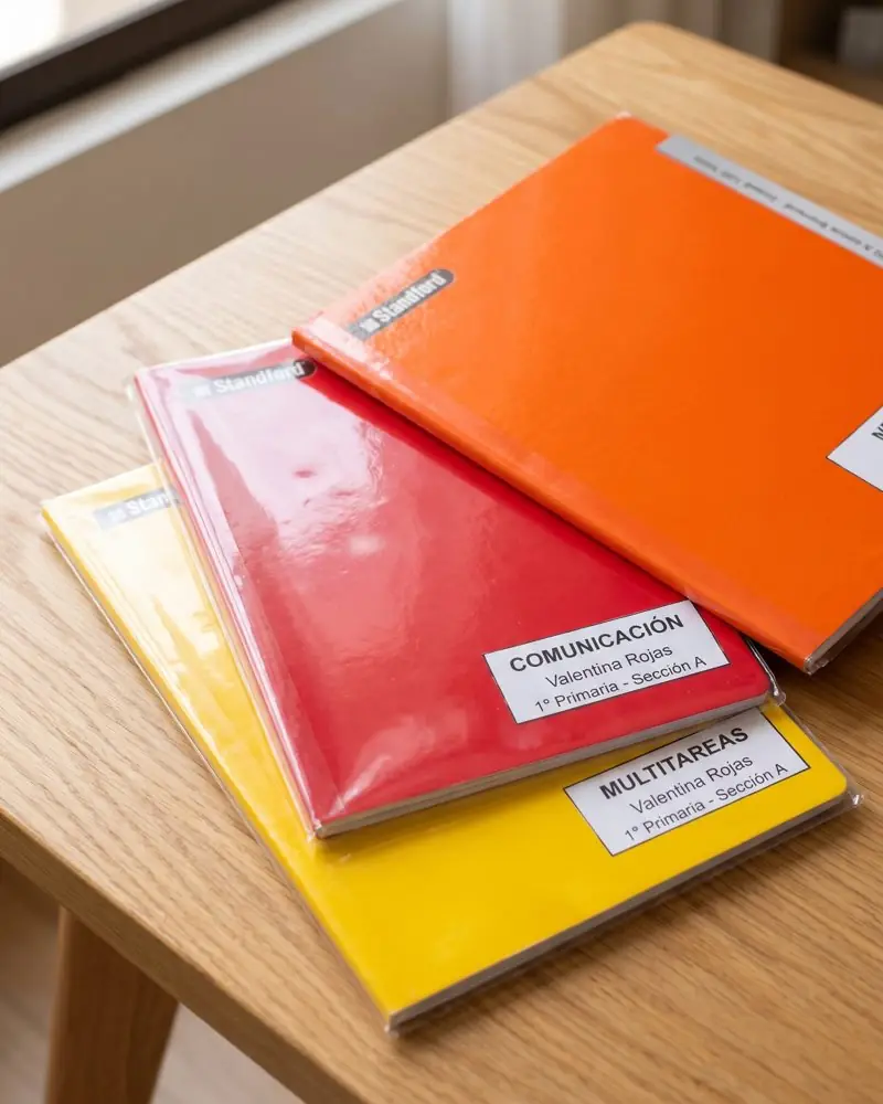 Cuadernos Standford forrados, cada uno con su etiqueta de curso, nombre y sección