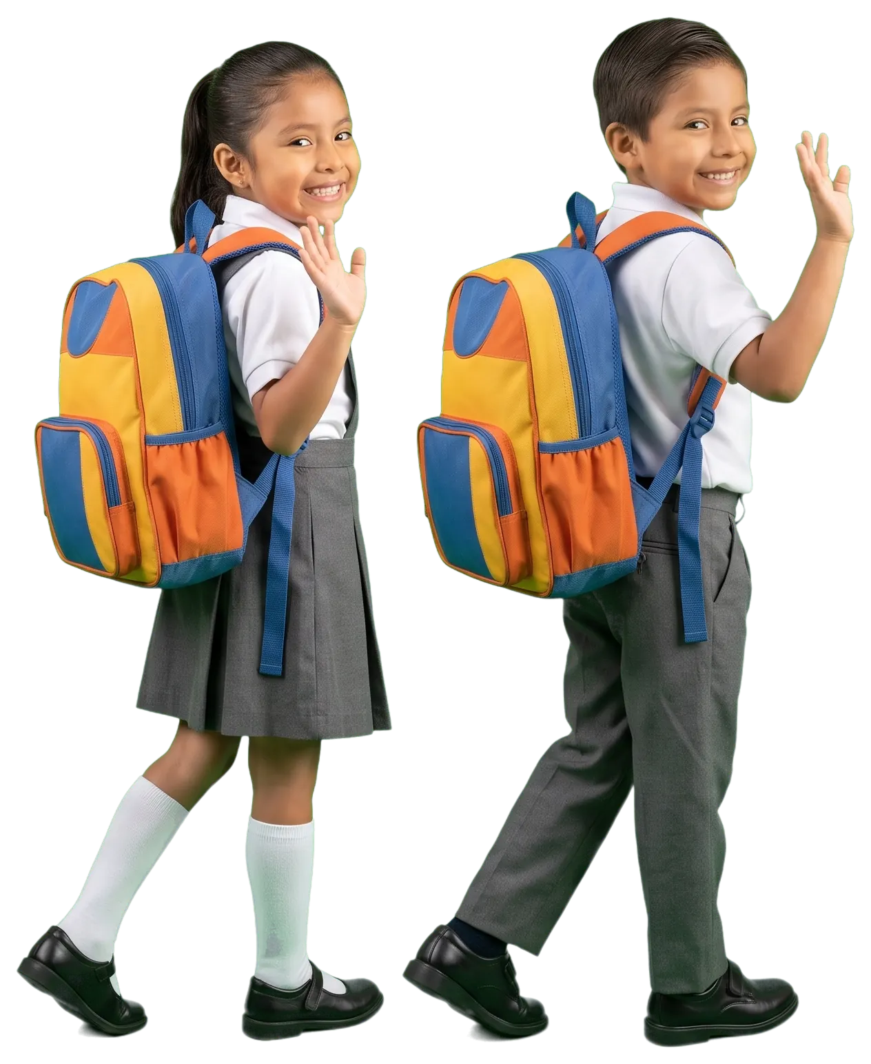 Un niño y una niña con sus mochilas yendo al colegio